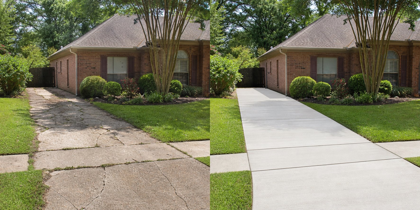 Representative before and after comparison of a cracked driveway replaced with new concrete