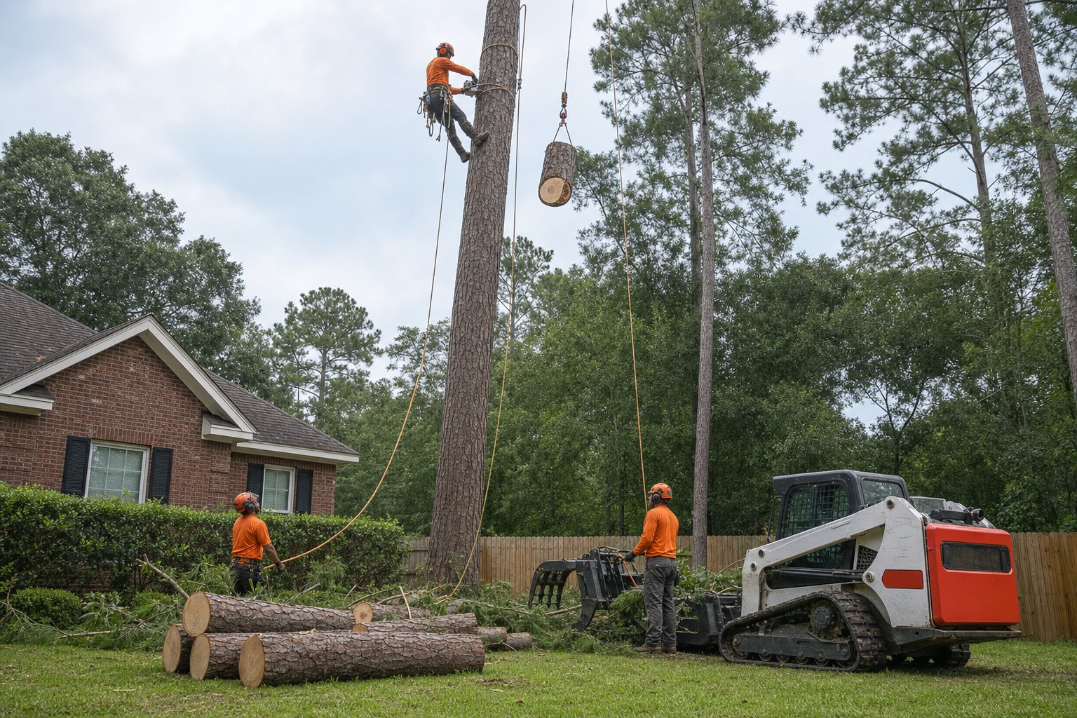 Tree service crew performing a controlled pine tree removal near a Mobile area home